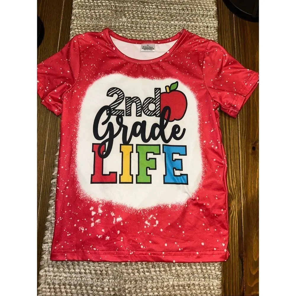 2nd Grade Life Red Bleached Style Graphic Tee Kids Size 7Y t-shirt